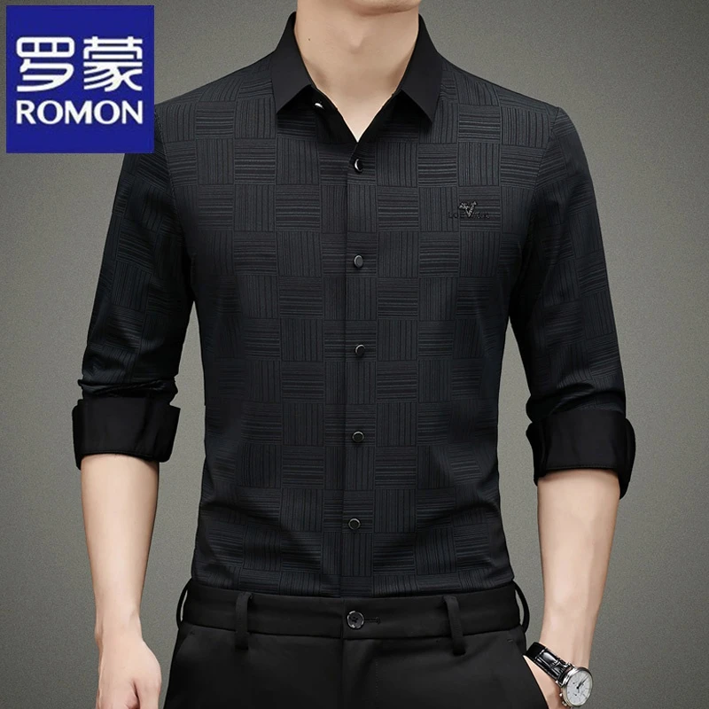 罗蒙春秋季高端长袖男士时尚衬衫宽松休闲衬衣韩版商务打底衫潮流