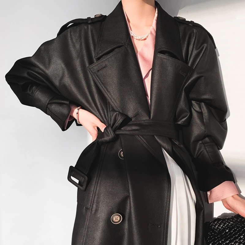 英伦风高端杂志风高端垂感复古双排扣风衣外套女春秋款 PI2105196