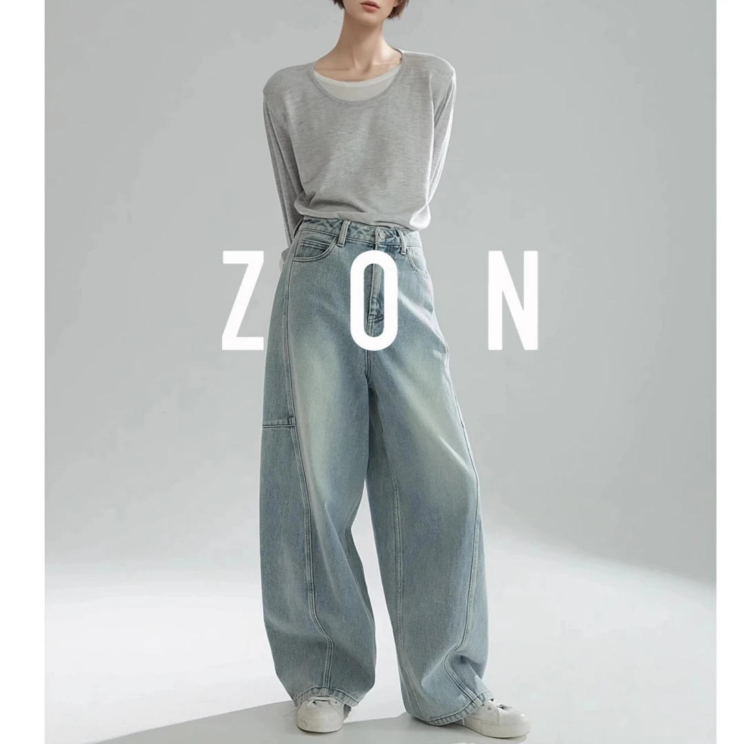 ZON 拼接设计复古牛仔裤女时髦精秋季锥形水洗休闲裤子秋PI24K195