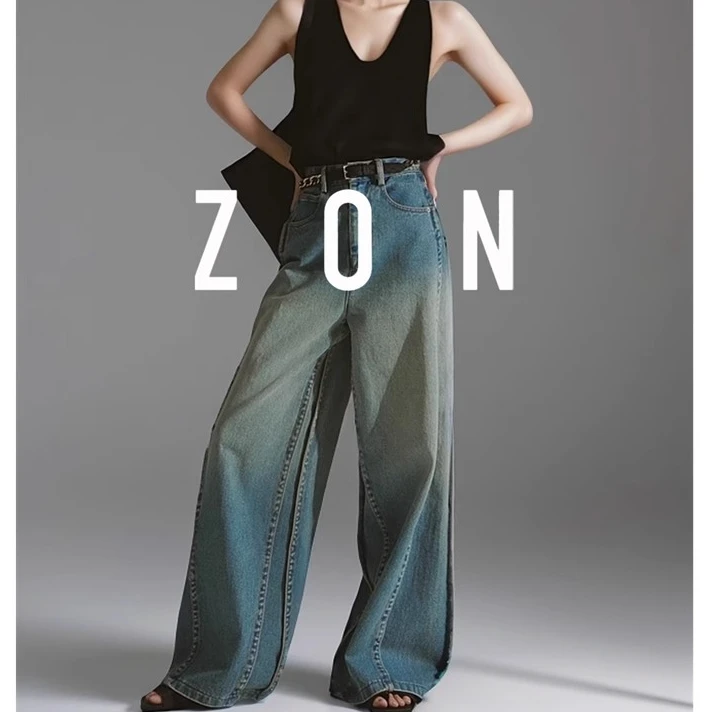 ZON-解构活页设计不规则牛仔裤女髙端复古水洗阔腿裤 PI24K176