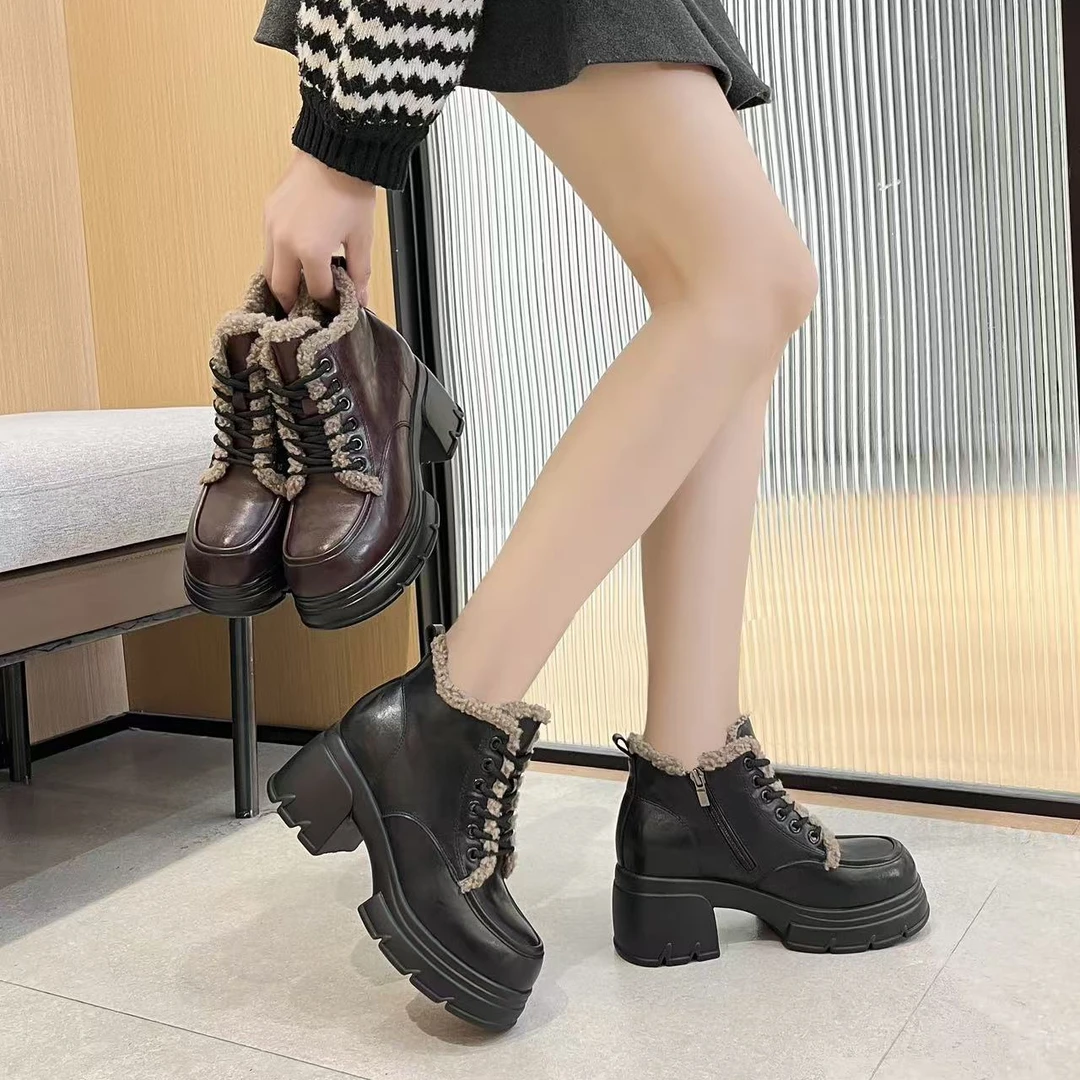 厚底马丁皮毛靴女2024增高棉鞋新款加绒加厚英伦冬季雪地短靴