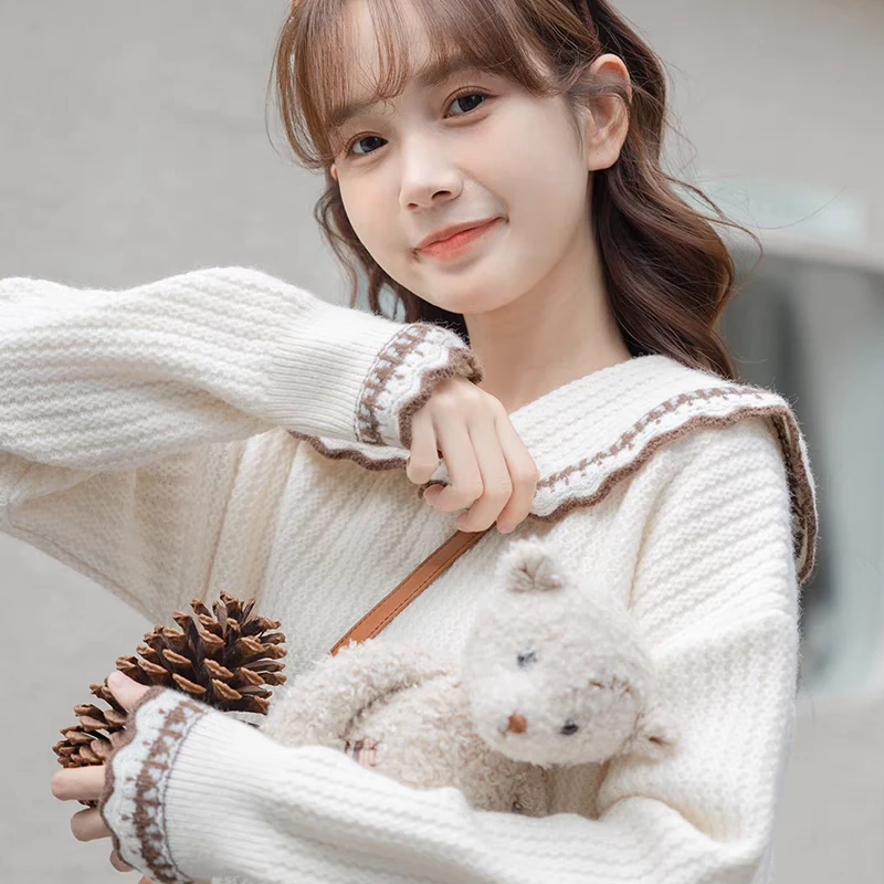 2024秋季韩版百搭宽松保暖圆领日系少女学生编织甜美套头针织