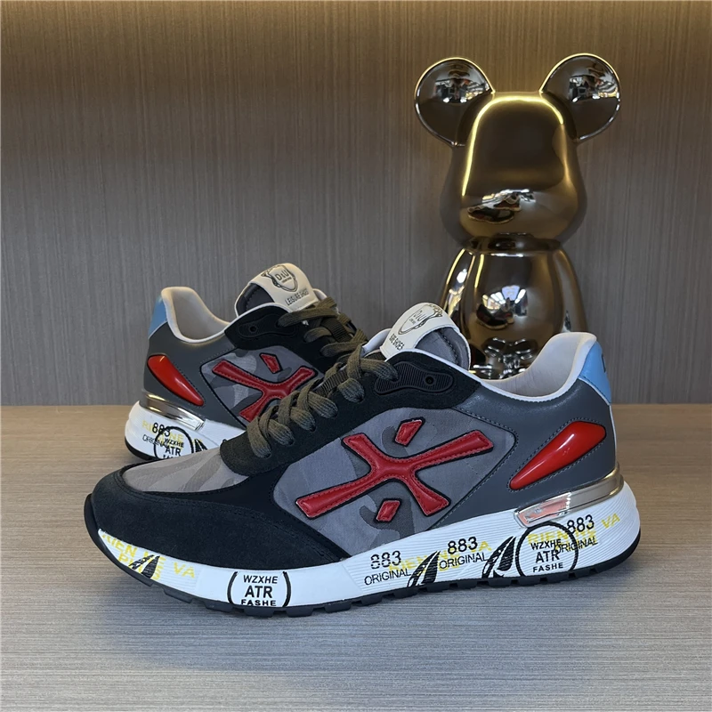 欧洲站男士2024秋季新款休闲男鞋真皮米彩红拼接时尚百搭米字鞋潮