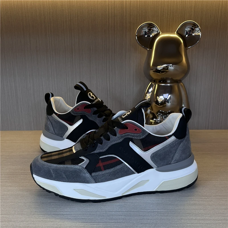 秋冬新款2024男士真皮拼接百搭休闲男鞋欧洲站时尚厚底舒适老爹鞋