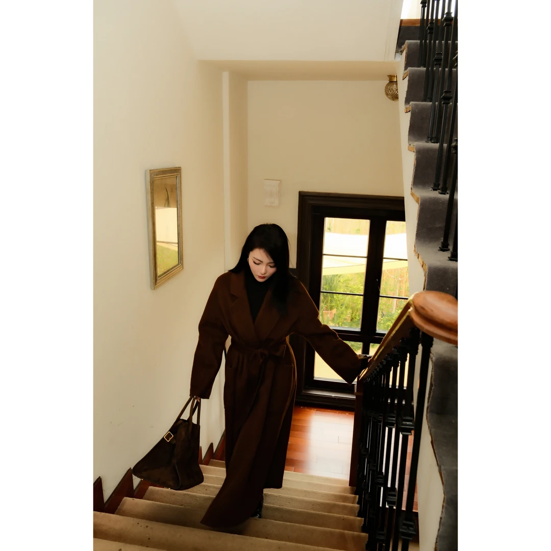 Tender Jinger【黑标】女系腰带长款羊毛混纺大衣外套T44CH230H