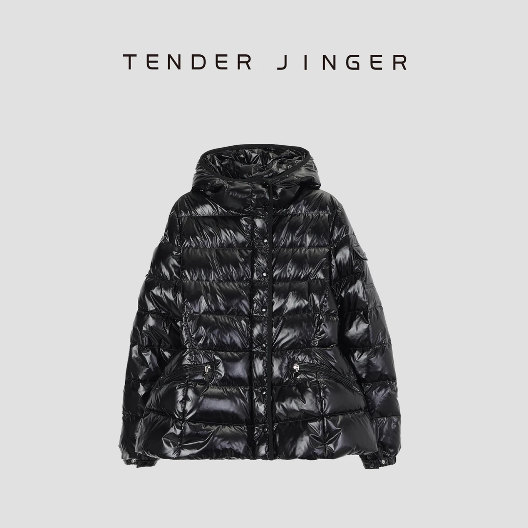 Tender Jinger【专柜】连帽收腰款漆光拼接织带羽绒服T44SHC79062