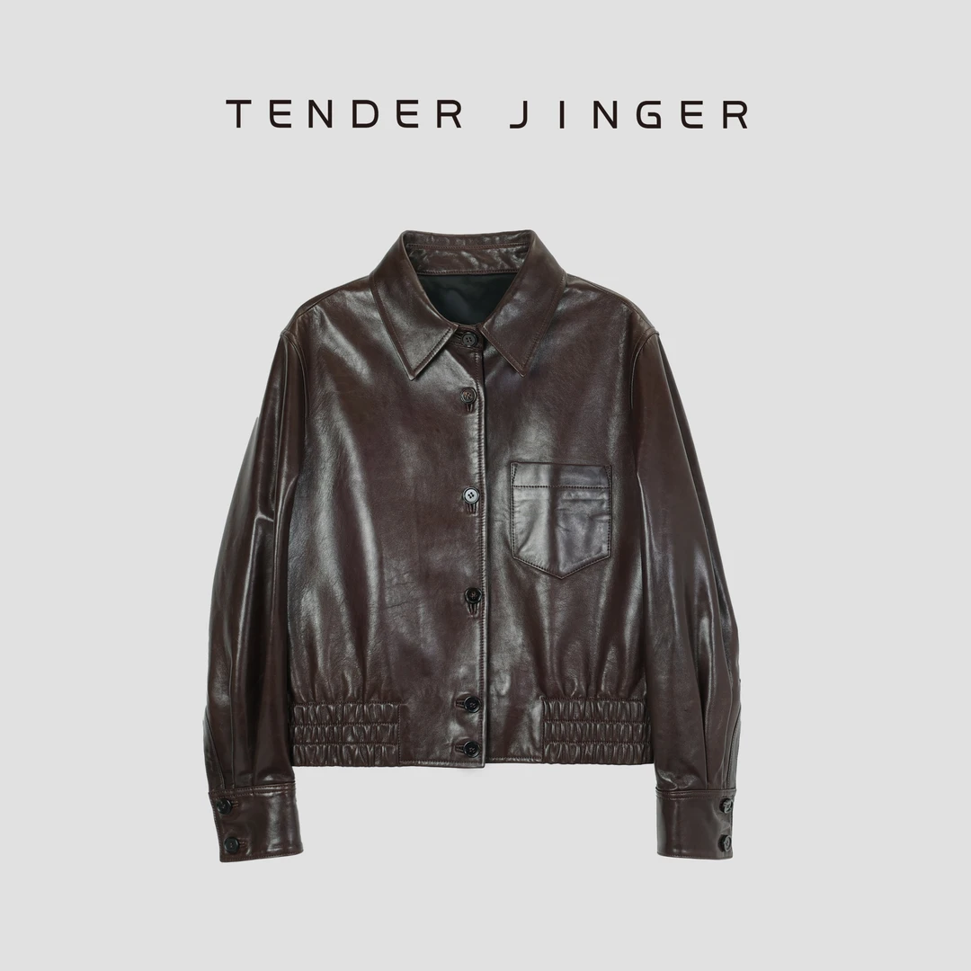 Tender Jinger【黑标】女休闲翻领羊皮革短外套T51MDD79177