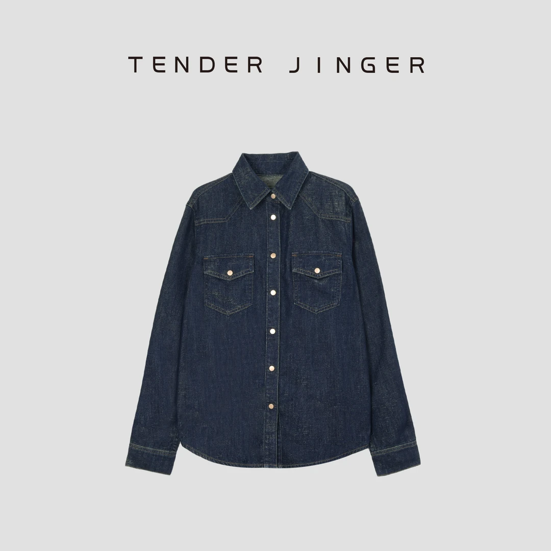 Tender Jinger【黑标】女休闲复古蓝金葱牛仔衬衫T51RM107R