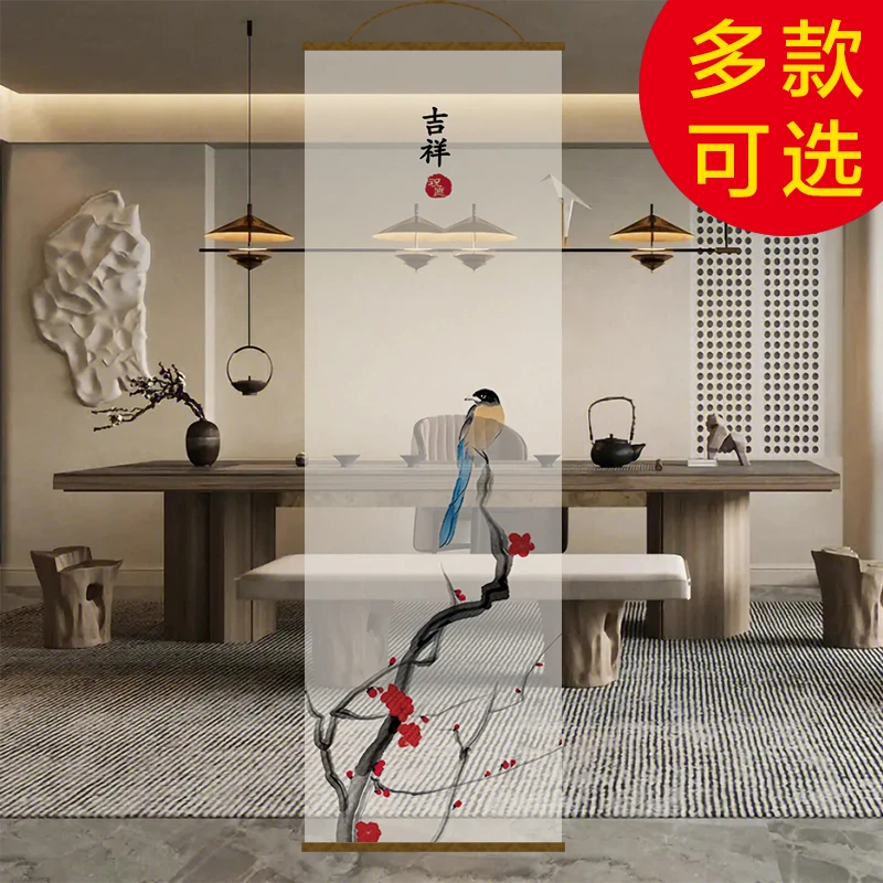 半透花鸟玄关透景屏风纱中式山水卷帘隔断帘挂帘水墨窗帘纱帘透光