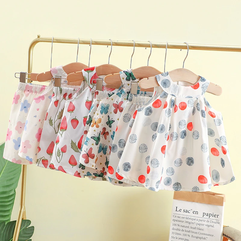 儿童雪纺无袖连衣裙套装女童夏季洋气吊带短裤两件套宝宝清凉套装
