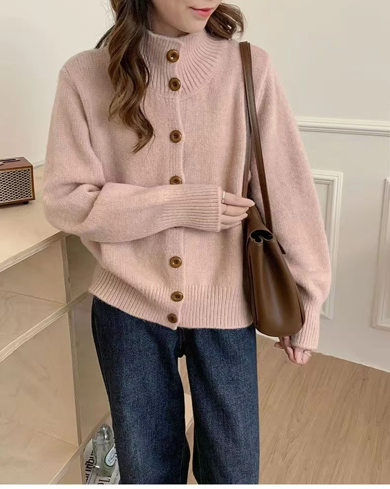 高领针织开衫女2024秋冬季新款复古韩系慵懒风高级感宽松毛衣外套