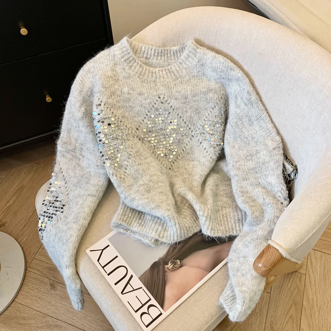 秋冬镂空菱形重工亮片针织衫女新款慵懒风气质宽松软糯圆领毛衣女