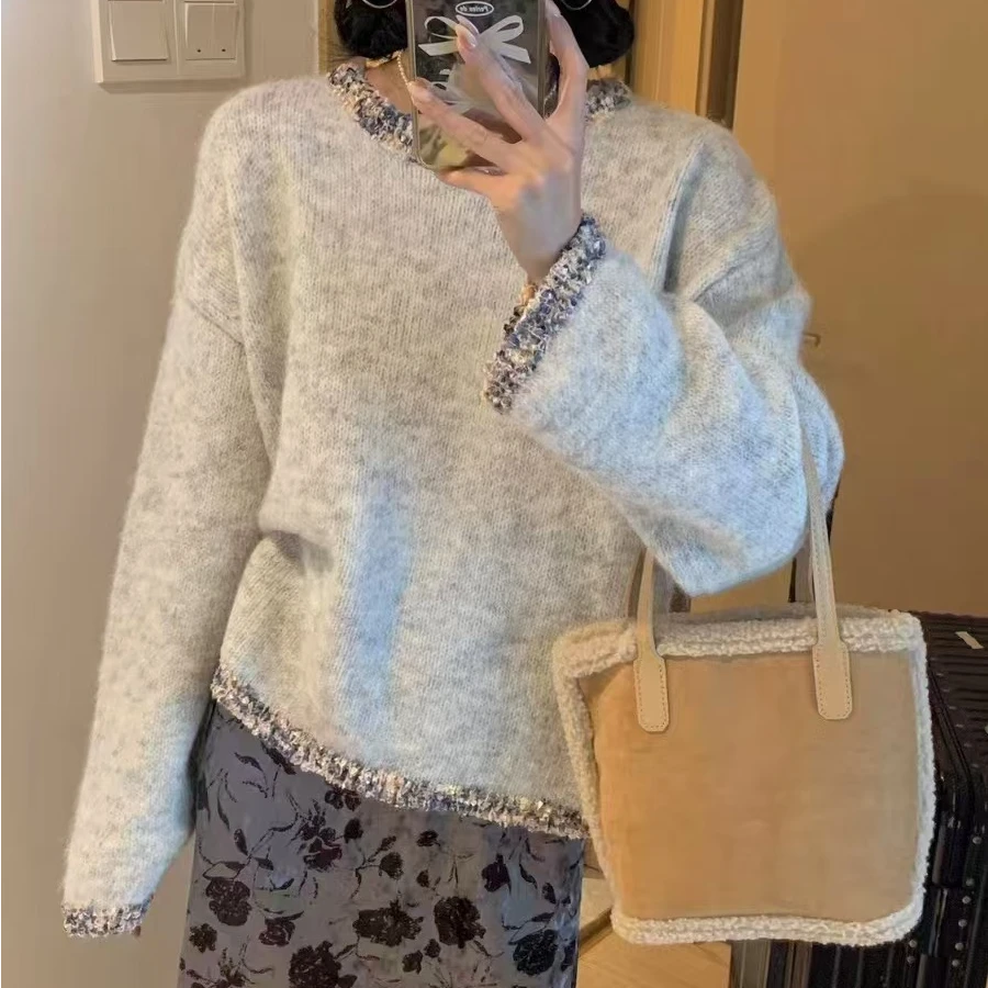 高级感花边软糯圆领毛衣女套头2024新款秋季宽松chic韩系针织上衣