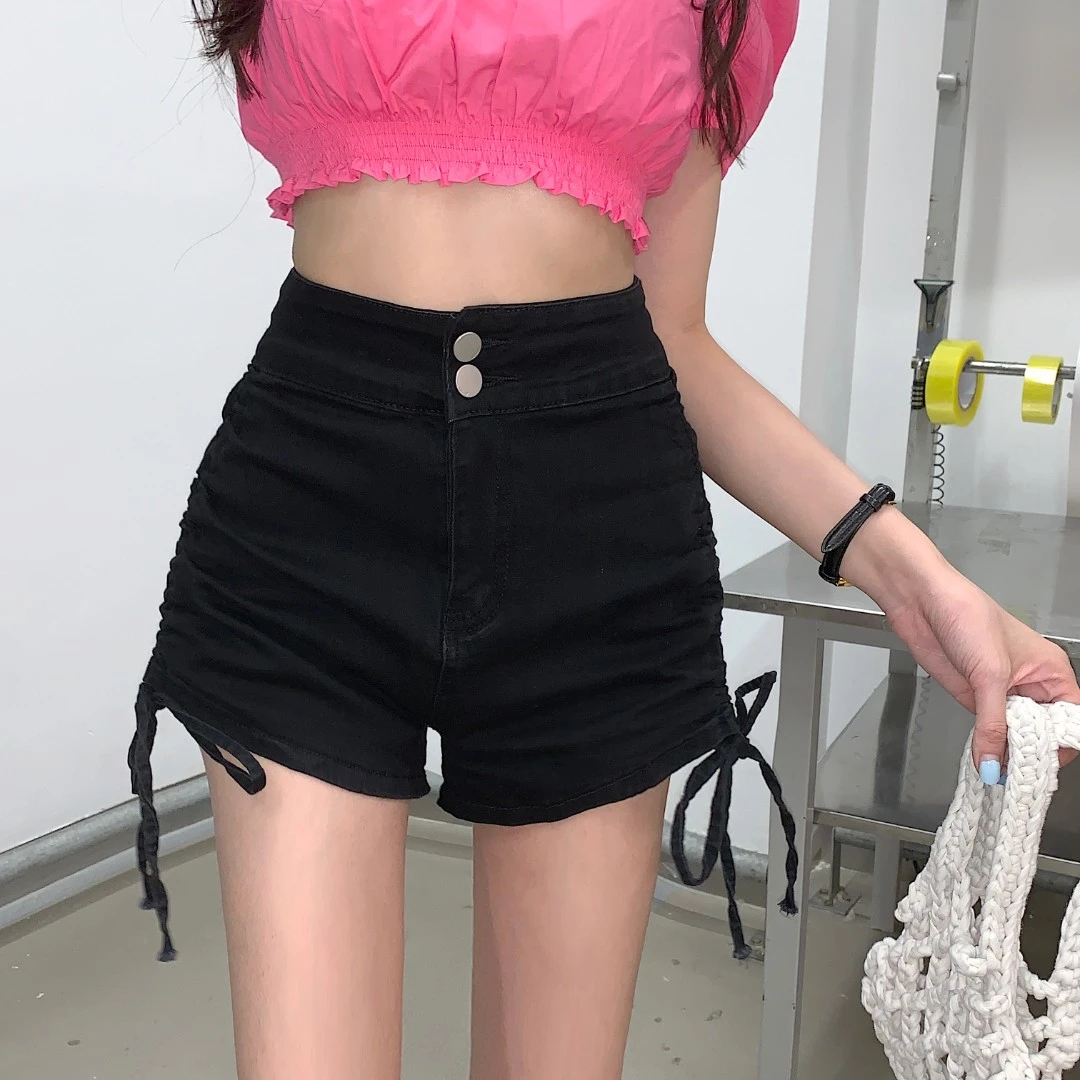 辣妹抽绳黑色牛仔裤女士夏季薄款梨形身材高腰显瘦小个子热短裤子