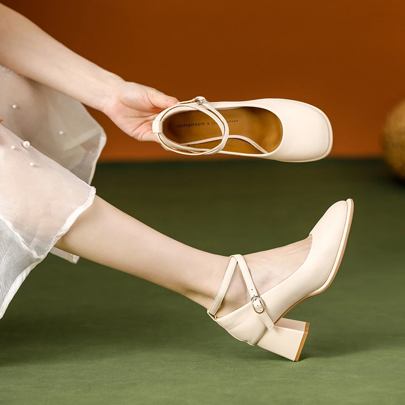 G164玛丽珍绑带高跟鞋女2024春秋新款粗跟法式配裙子晚风休闲单鞋