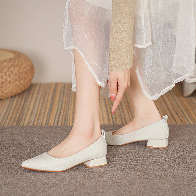 舒适潮尖头浅口单鞋女2024春秋软皮两穿粗跟高跟鞋中跟工作鞋