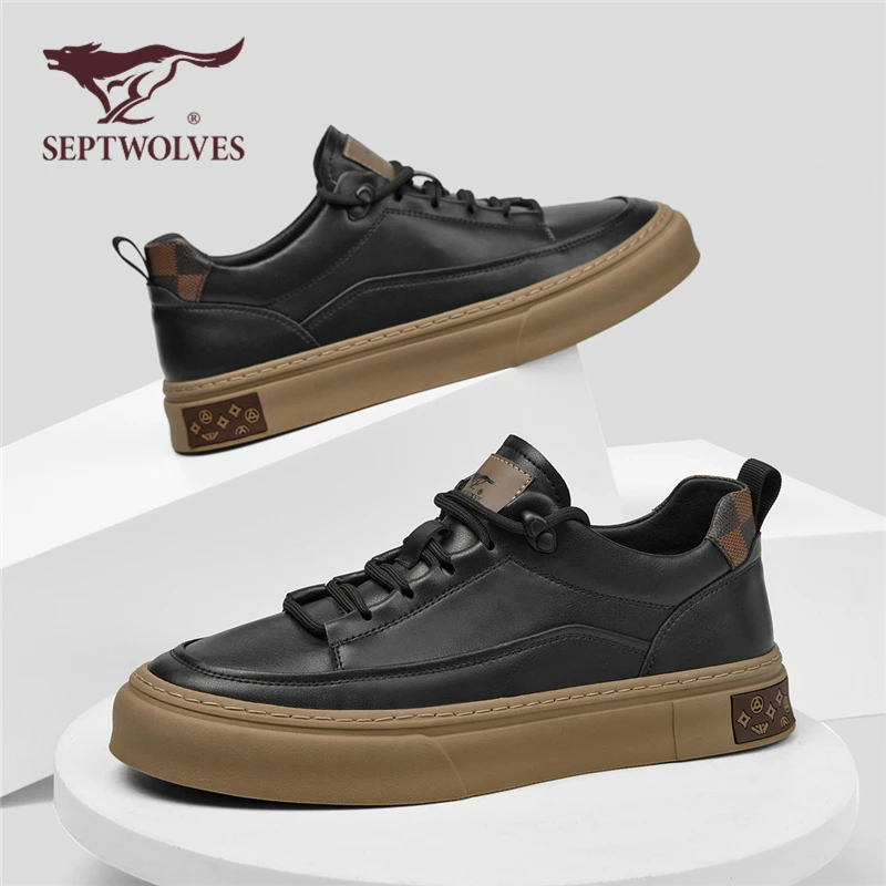 七匹狼春季板鞋男士2025新款休闲皮鞋官方正品黑色小众鞋子男潮鞋