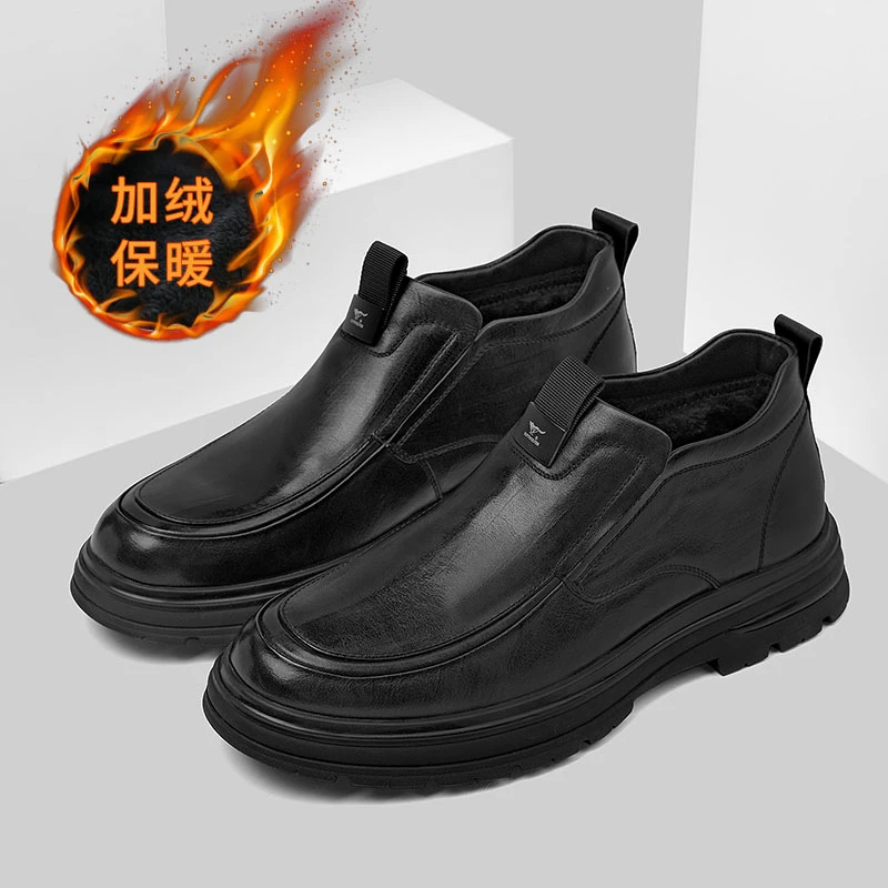 七匹狼加绒头层牛皮男鞋2025新款春季保暖英伦风中帮休闲皮鞋男款