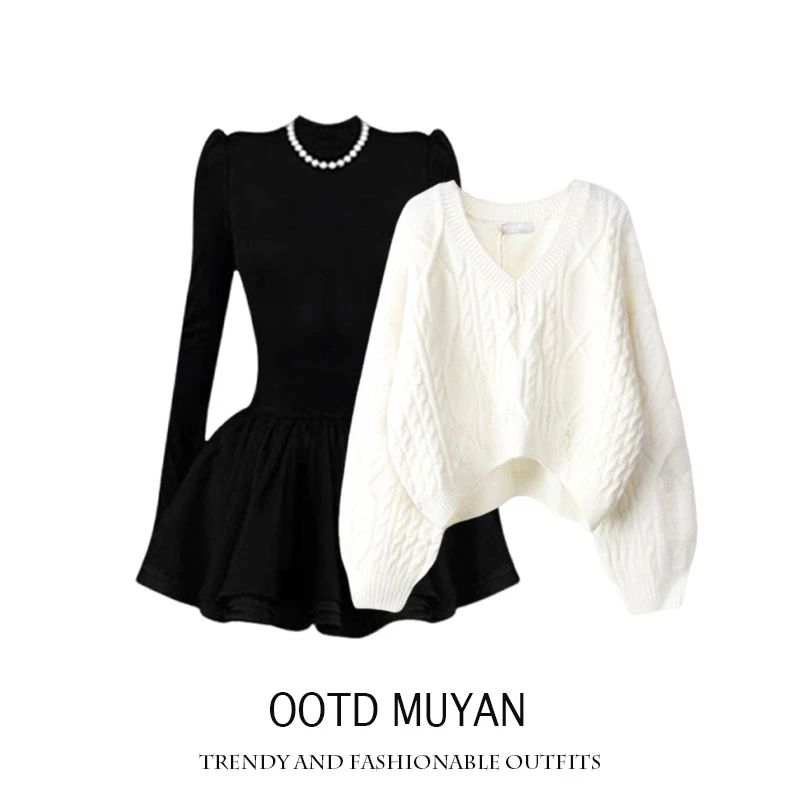 秋冬套装女2024新款高级感v领套头毛衣气质显瘦黑色连衣裙两件套