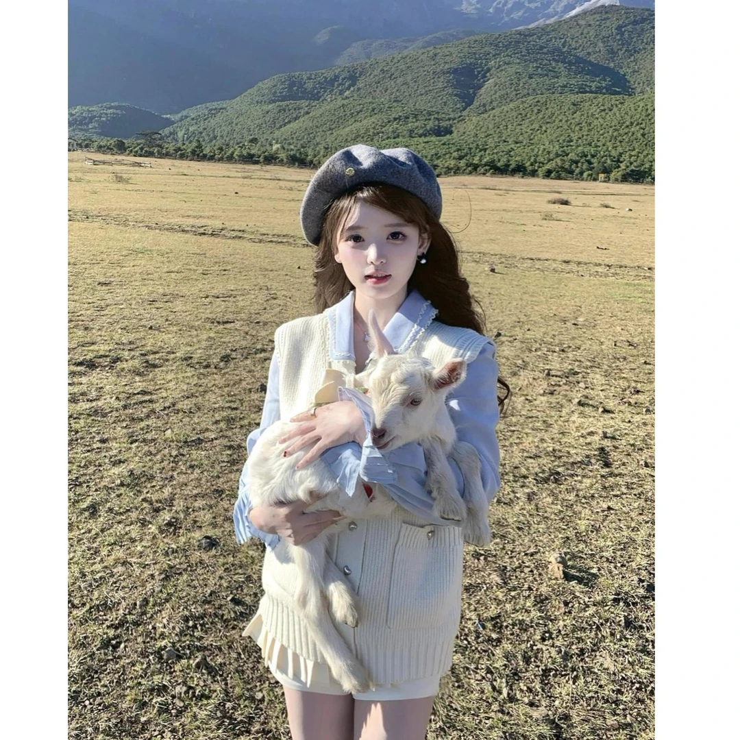 2024韩系chic减龄洋气蓝色精致衬衫针织马甲女早秋穿搭百褶短裙潮