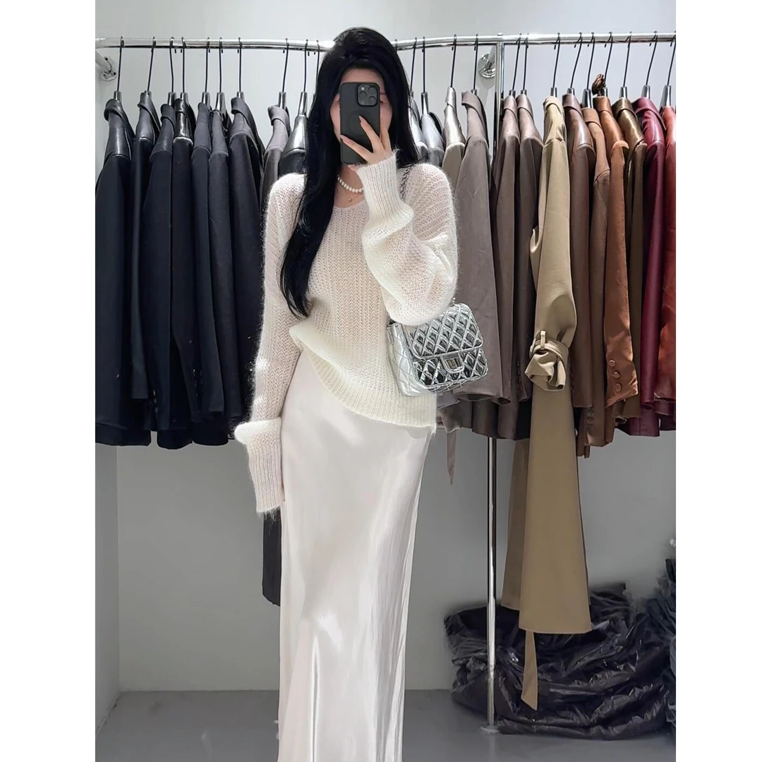 早秋韩系穿搭套装女2024新款温柔慵懒风镂空针织上衣半身裙两件套