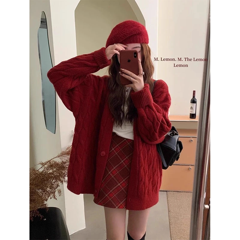 2024秋冬季新款过年氛围穿搭红色针织开衫气质百搭半身裙两件套装