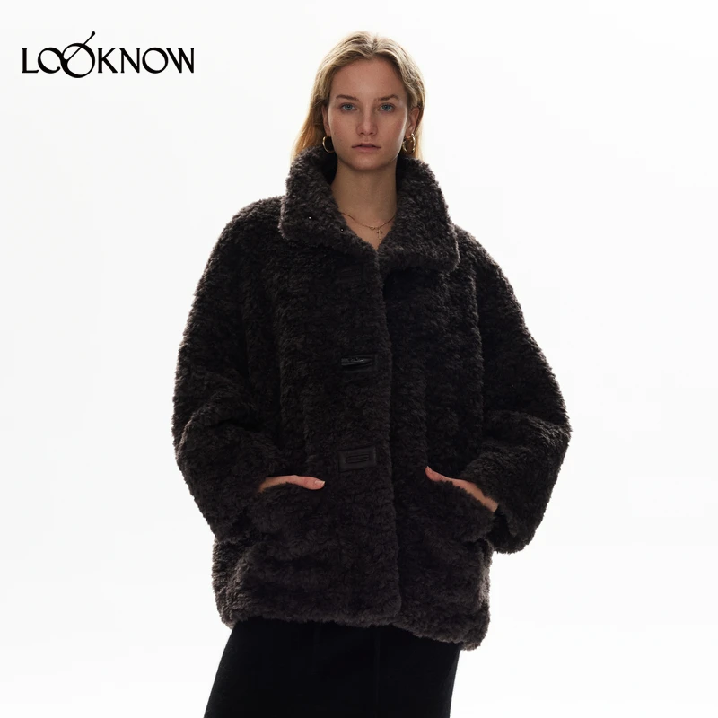 halfmoon设计师品牌LOOKNOW冬季新款紫灰色牛角扣毛毛外套