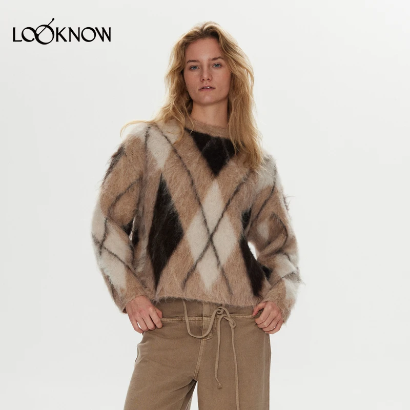 halfmoon设计师品牌LOOKNOW秋冬新款菱形格长毛套头毛衣