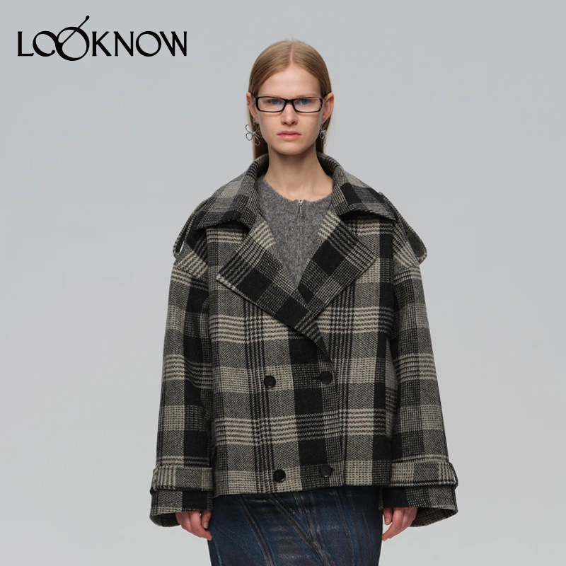 IF BY LAND设计师品牌LOOKNOW秋冬新款黑白格纹双排扣宽松夹克
