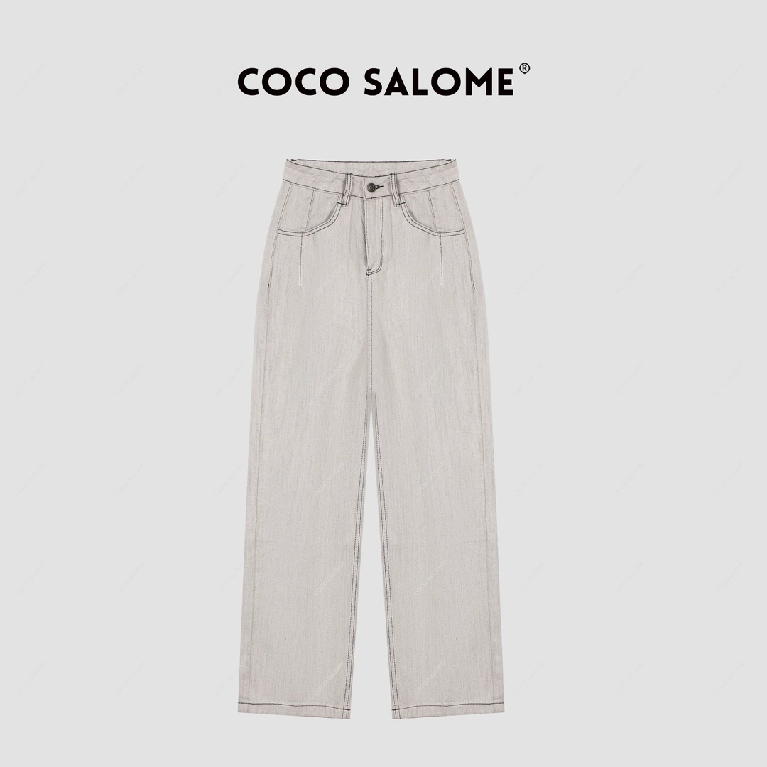 韩彬彬"白耀"春夏款明线装饰时尚百搭休闲女装直筒牛仔裤7793-10