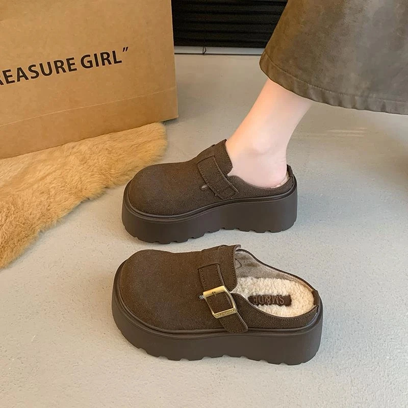 厚底勃肯鞋女外穿2024新款秋冬加绒毛毛棉拖鞋一脚蹬博肯包头半拖