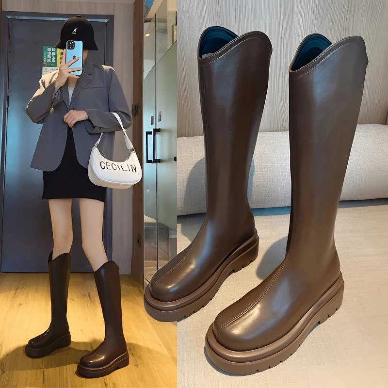 大码靴子女胖MM大腿粗冬骑士靴v口长筒靴百搭高筒加绒厚底英