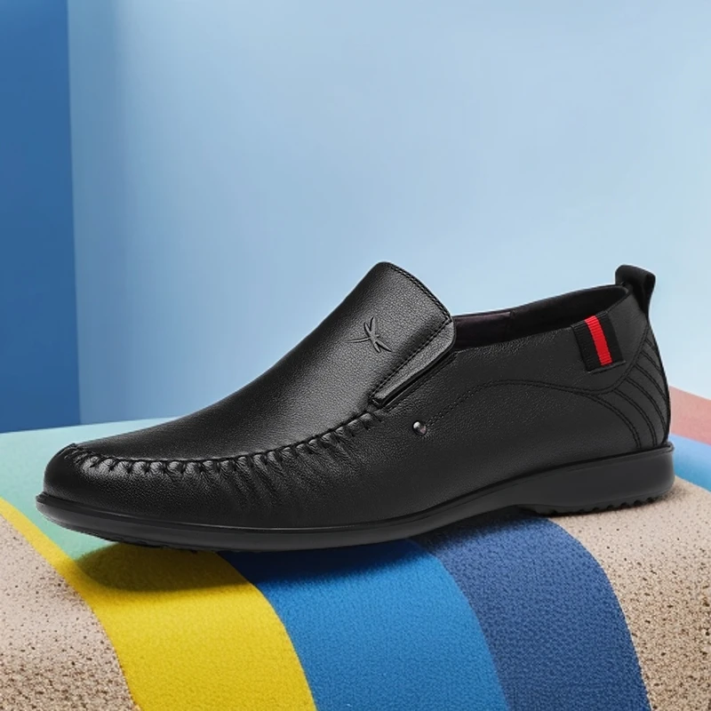 红蜻蜓冬季新品男鞋一脚蹬懒人休闲皮鞋头层牛皮软皮防滑轻便保暖