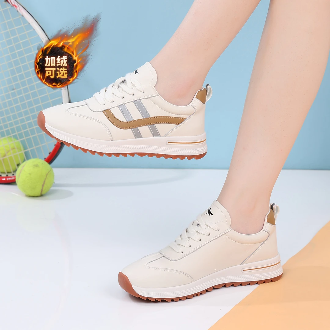 红蜻蜓女款运动鞋秋冬季百搭鞋子女士皮面防水加绒保暖软底时尚款