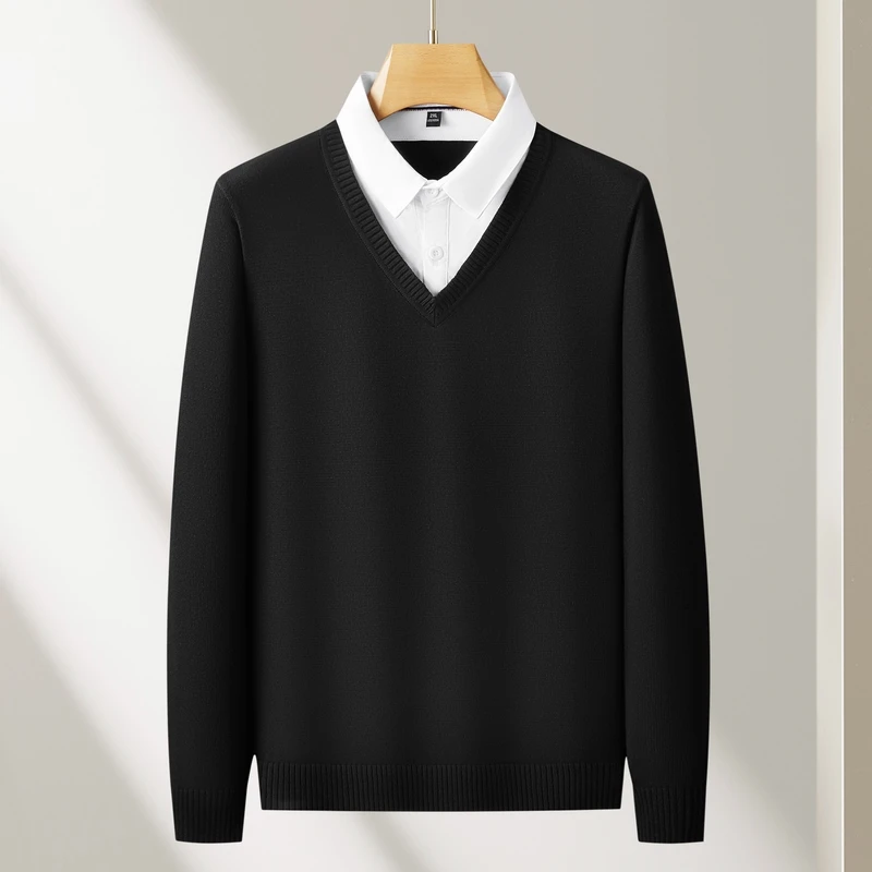 假两件男士针织衫商务休闲秋冬加绒加厚打底衫宽松大码衬衫领毛衣