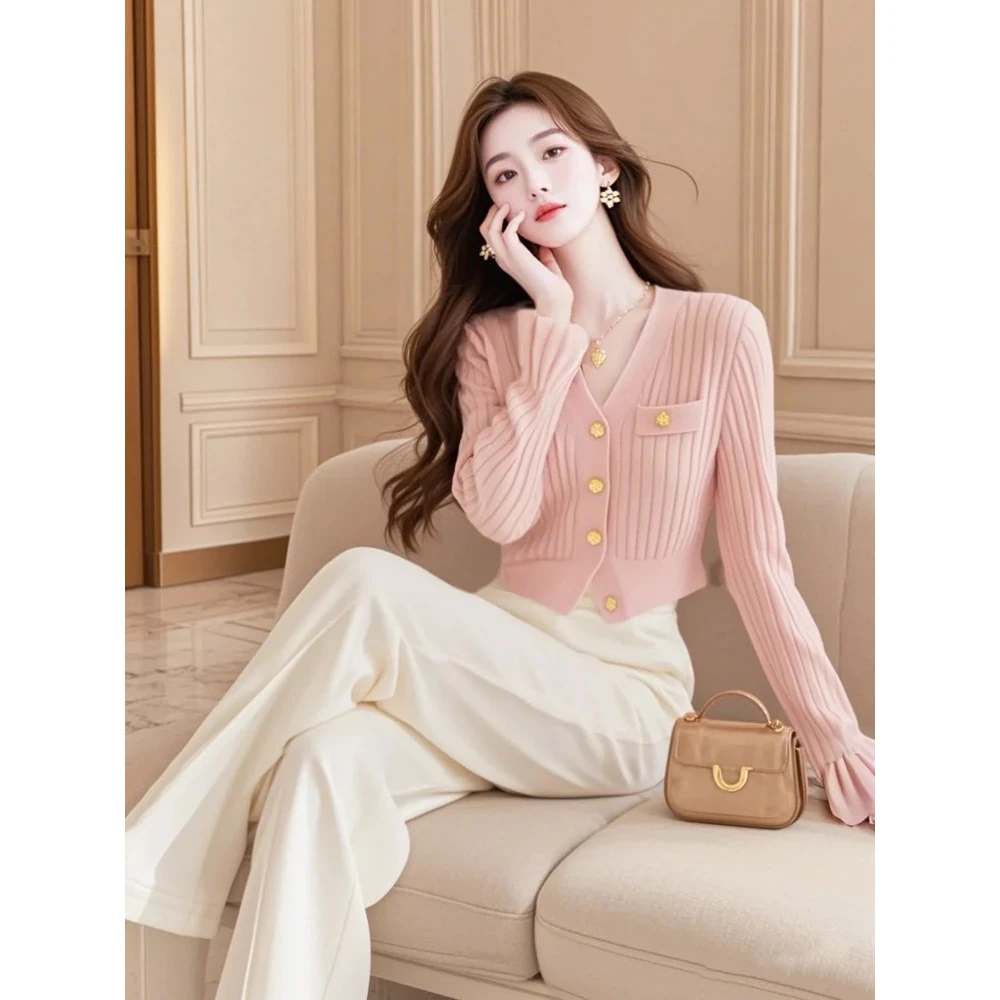 秋装搭配一整套高级感韩系氛围感穿搭气质粉色针织上衣裤子两件套