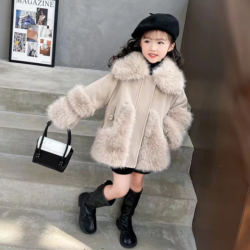 【YYLX】03款冬季女童皮毛一体韩版时尚翻领加绒洋气冬款皮衣
