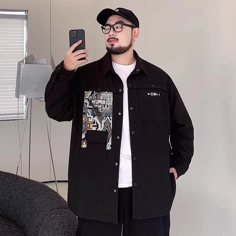 潮牌大码男装春季新款民族风夹克休闲男外套胖子宽松休闲衬衫百搭