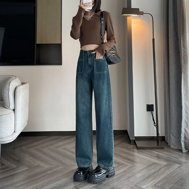 复古窄版阔腿牛仔裤女2023新款春秋高腰直筒宽松小个子垂感拖地裤