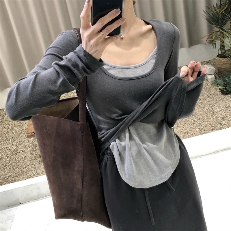 2025春秋新款撞色拼接假两件长袖圆领T恤气质百搭可外穿打底衫女