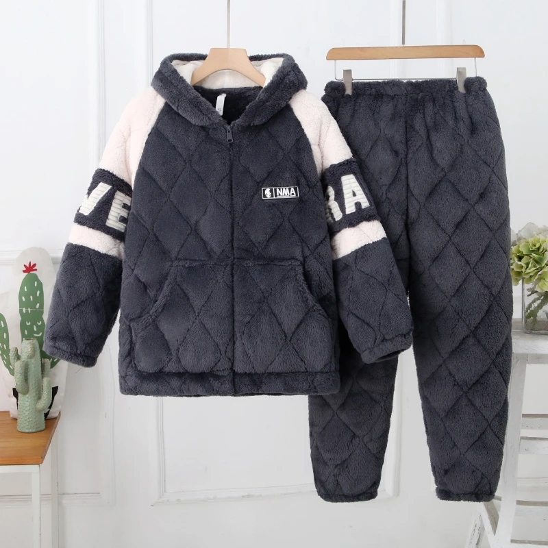 男士冬季睡衣三层夹棉加厚加绒保暖休闲家居服大码居服可外穿套装