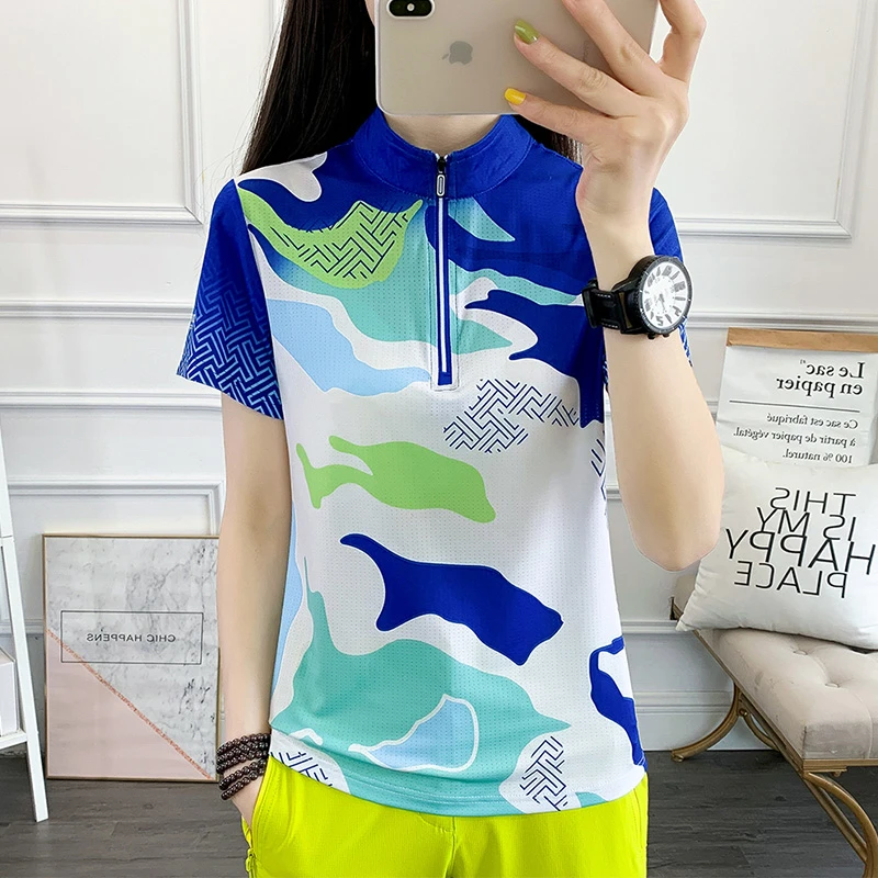 24年夏季新款冰丝速干半袖弹力薄款迷彩印花速干衣运动户外T恤女