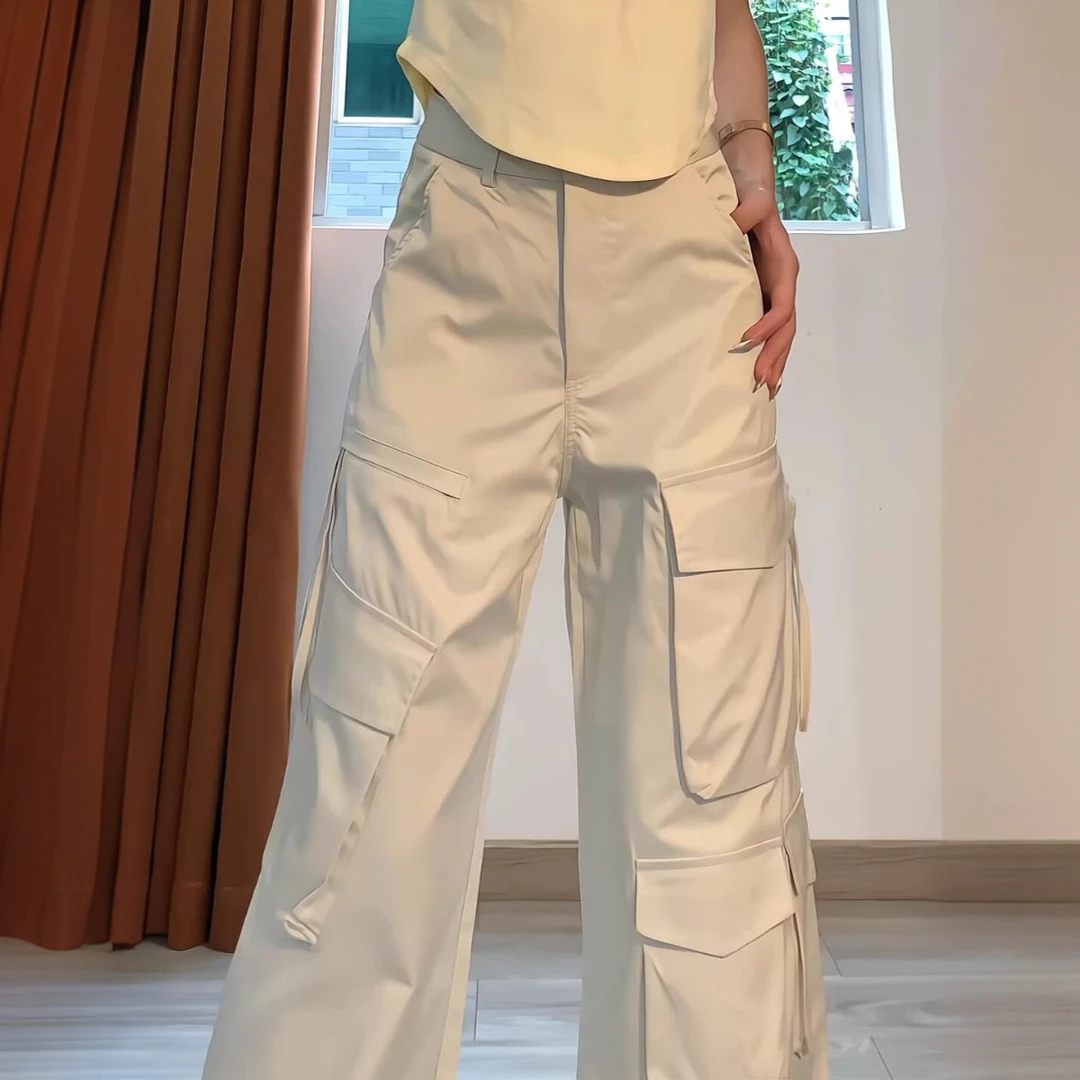 美式直筒百搭休闲裤女高腰宽松显瘦风琴袋拖地垂感慵懒阔腿工装裤