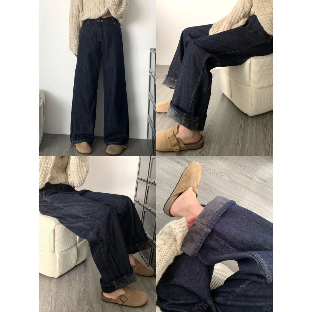 深蓝色复古高腰显瘦直筒牛仔裤女设计感宽松休闲裤拖地裤长裤子