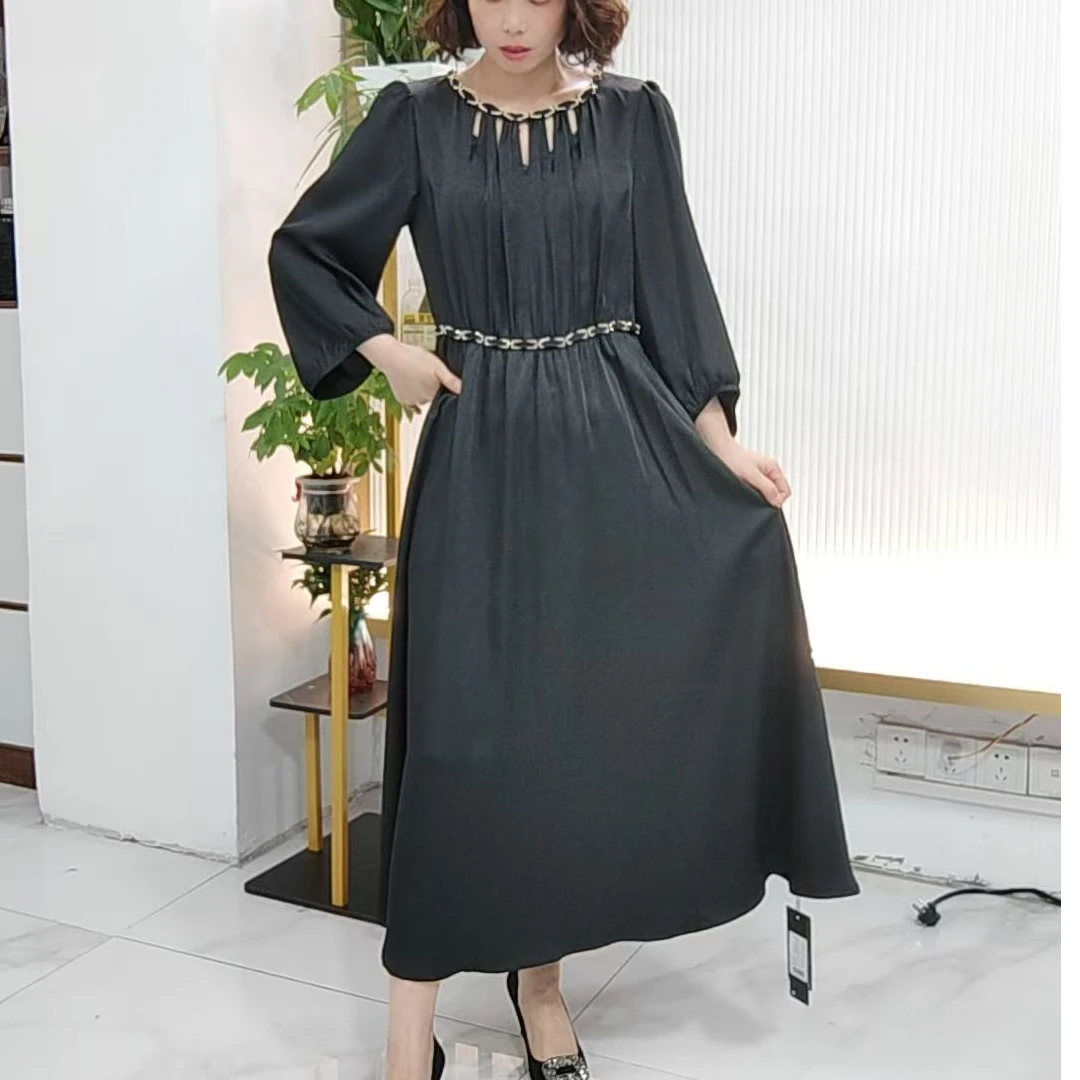 秋款时尚气质显瘦醋酸缎轻奢连衣裙-裙长115