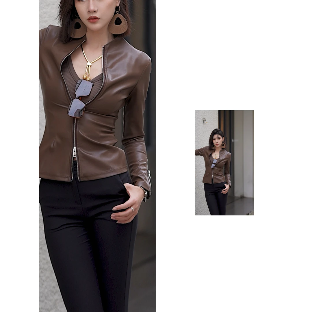 2962原创早秋立领短款皮衬衣