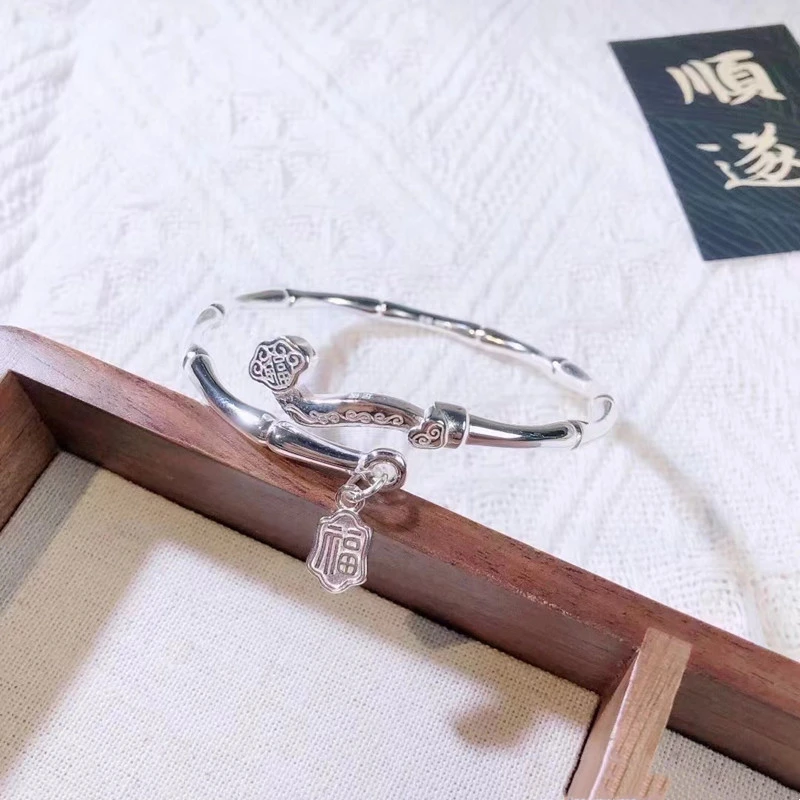 足银手镯 如意竹节开口手镯简约年轻款饰品A21