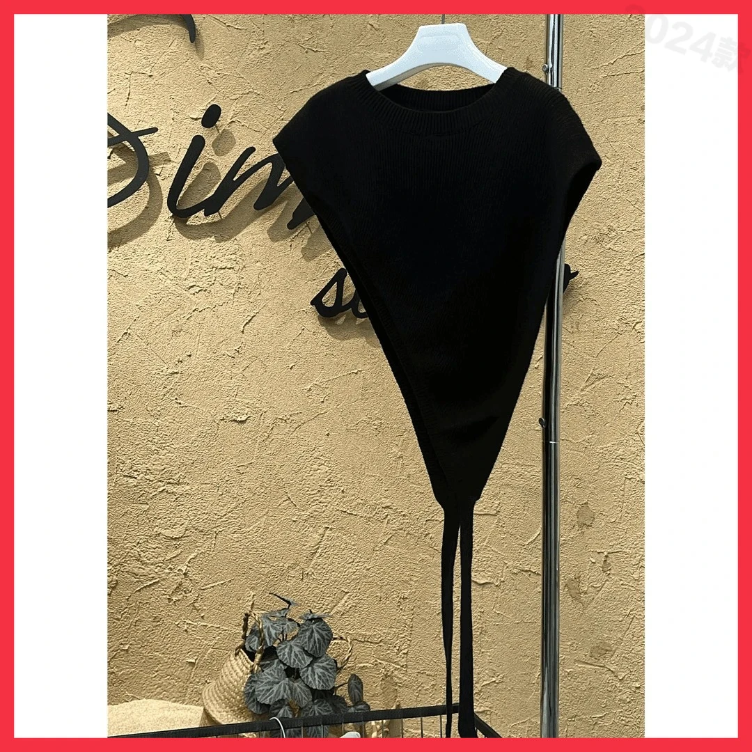 2025秋冬新款时尚百搭斜肩披肩设计款披肩式套头针织马甲休闲黑色
