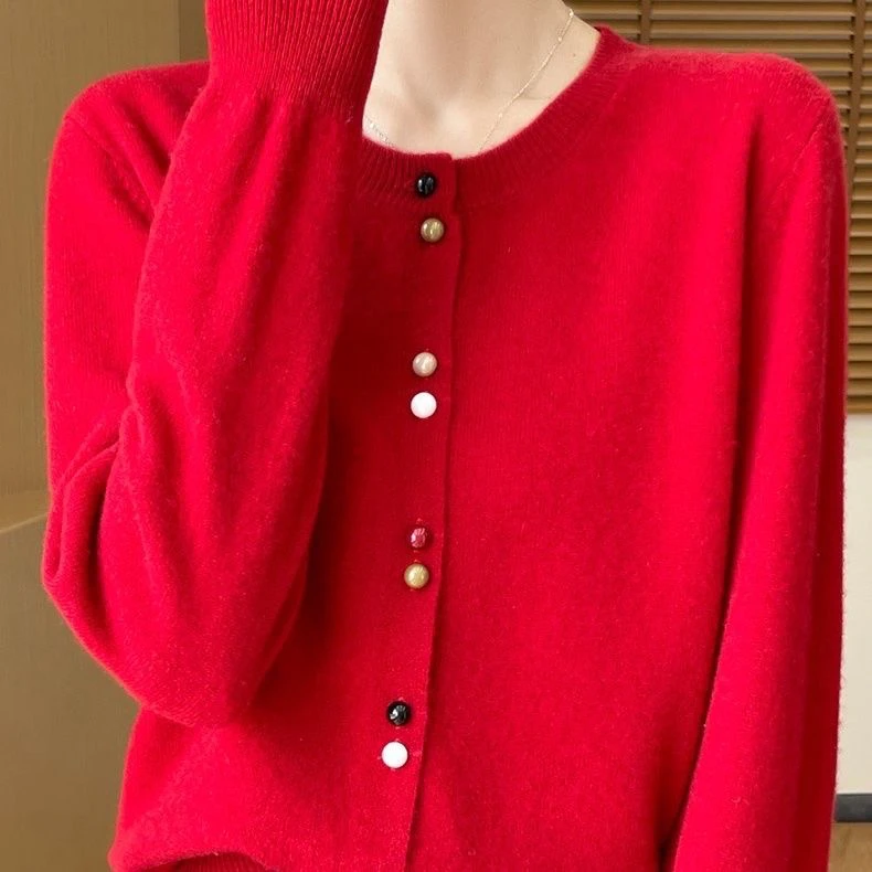 秋冬新款彩扣桂花圆领纯色外套长袖宽松针织衫上衣毛衣开衫