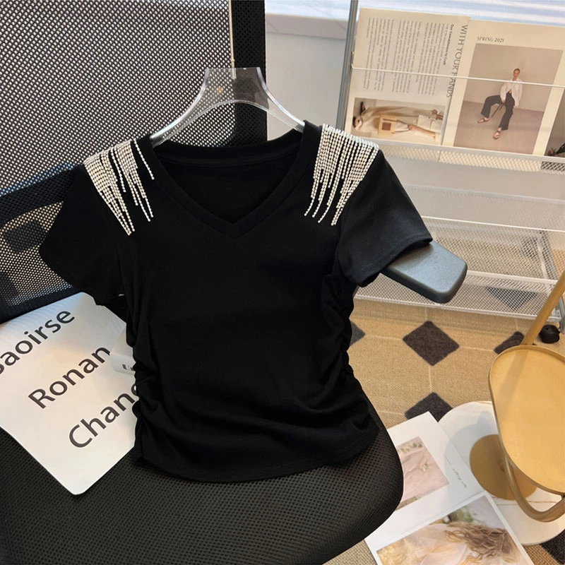 黑色正肩短袖T恤女夏季设计感小众欧货高档显瘦修身v领短款上衣服
